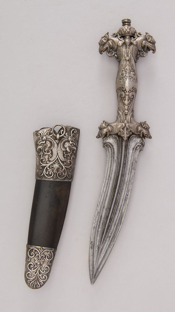 Dagger with Sheath, Steel, silver, shark skin, Sri Lankan