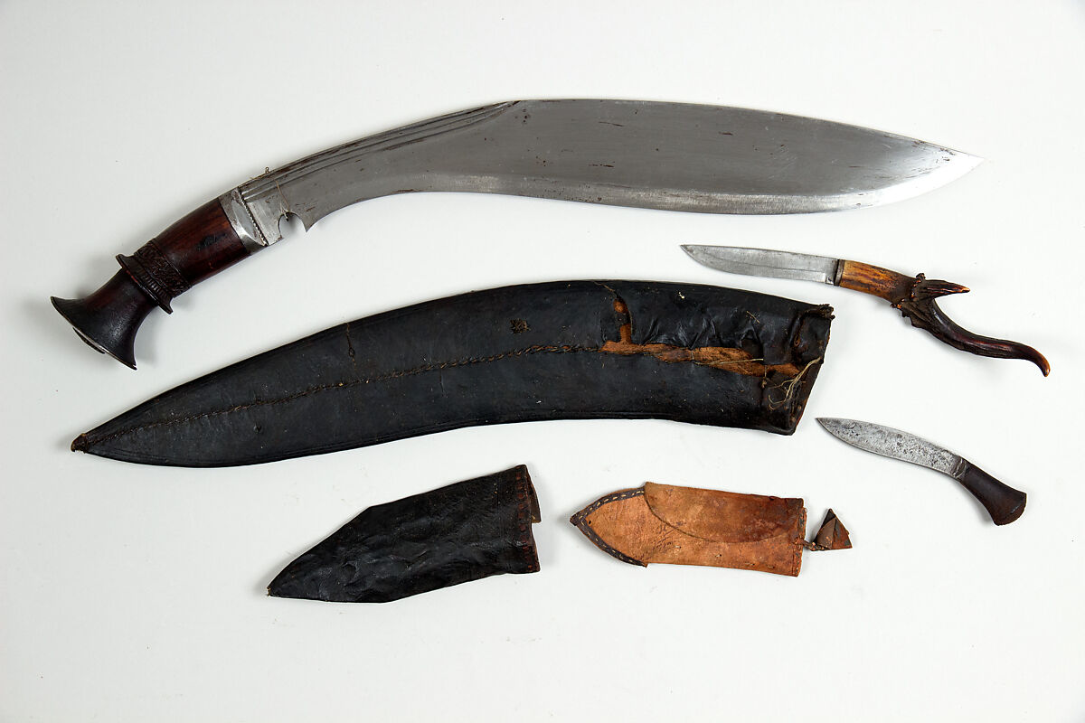 Knife (Kukri) with Sheath and Pouch with Two Small Knives, Steel, brass, wood, leather, horn, Indian or Nepalese, Gurkha 