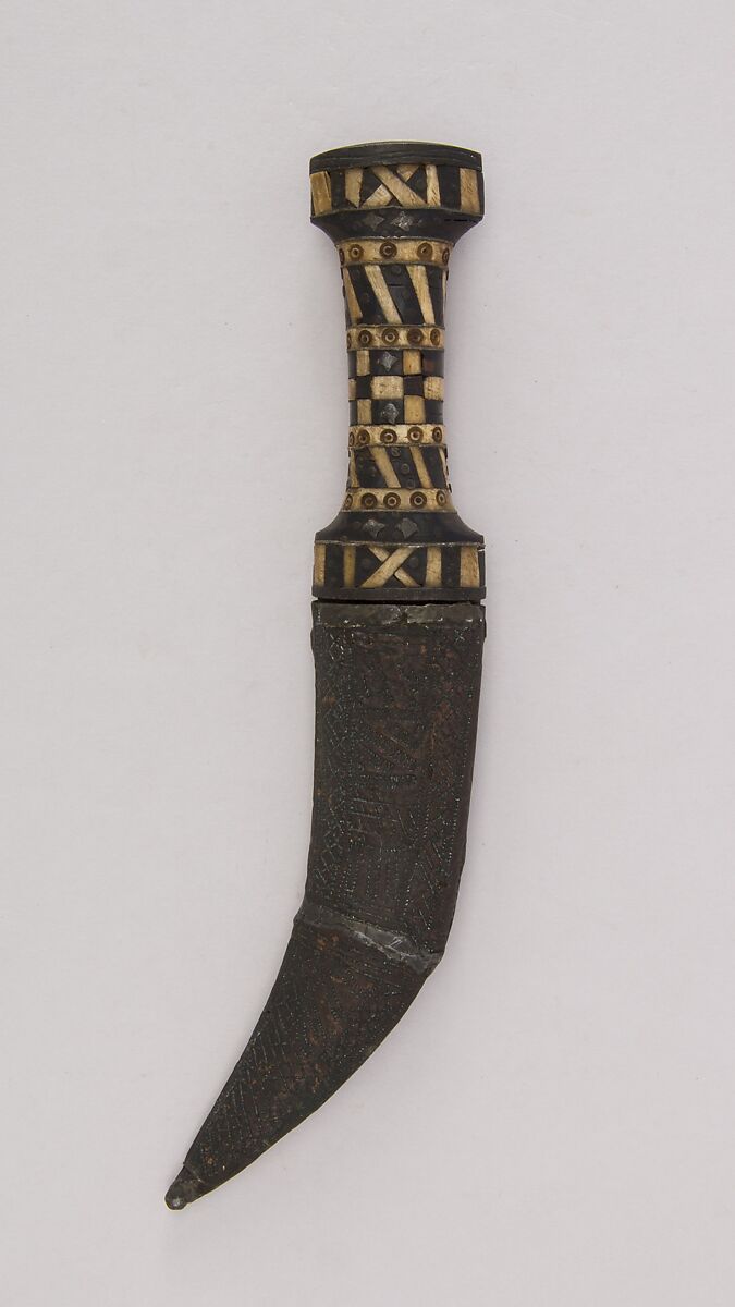 Dagger with Sheath, Steel, wood, brass, horn, bone, Syrian