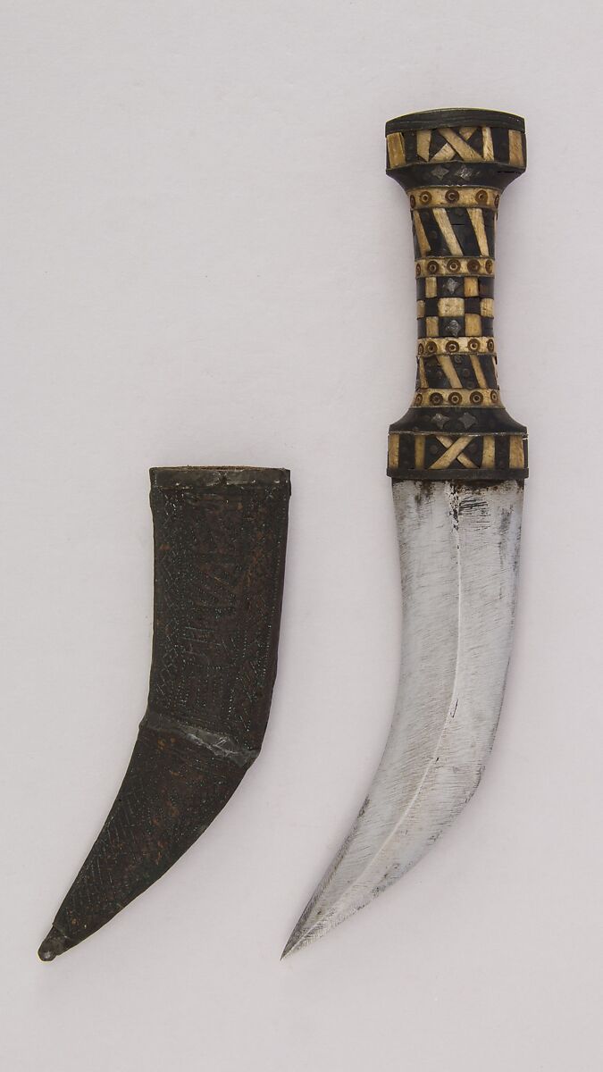 Dagger with Sheath, Steel, wood, brass, horn, bone, Syrian