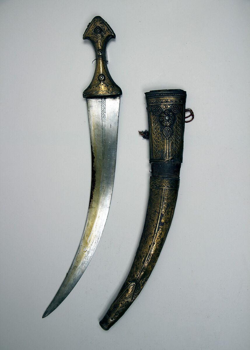 Dagger (Jambiya) with Sheath, Steel, brass, wood, textile, Arabian, Wahabi 