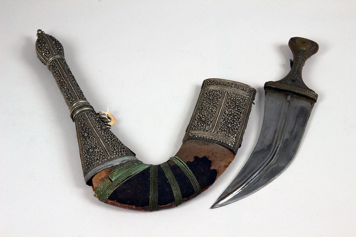Dagger (Jambiya) with Sheath and Belt, Steel, wood, gold, silver, textile, leather, brass, Arabian 