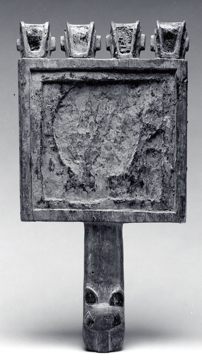 Mirror with figure in a reed boat, Wari artist(s), Wood, shell, silver alloy, pigment, resin, Wari