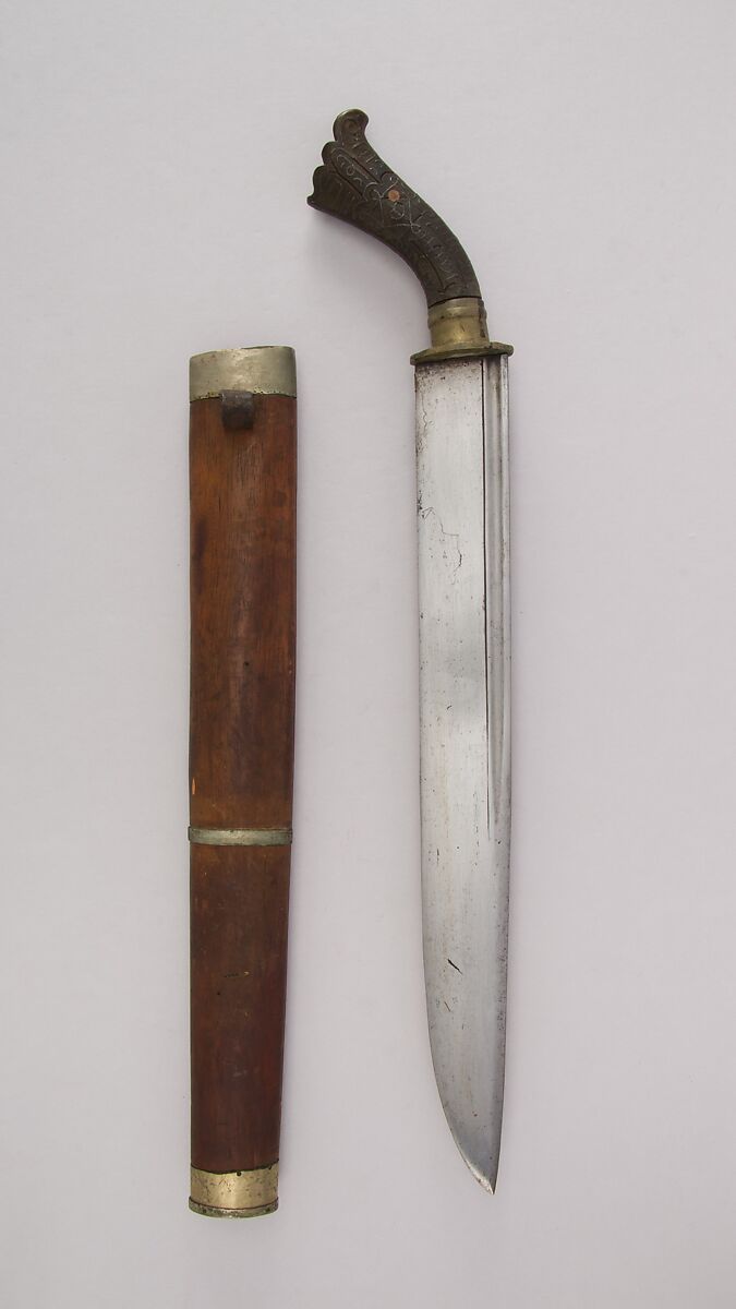 Knife with Sheath, Steel, wood, nickel, silver, Philippine, Moro 