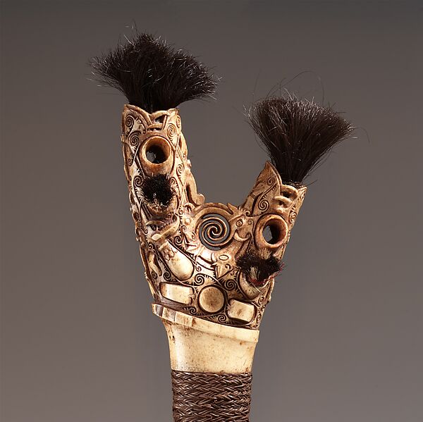 Mandau (sword) and sheath, Kenyah or Kayan artist, Steel, brass, wood, antler, bone, hair, trade cloth, fiber, Kenyah or Kayan peoples