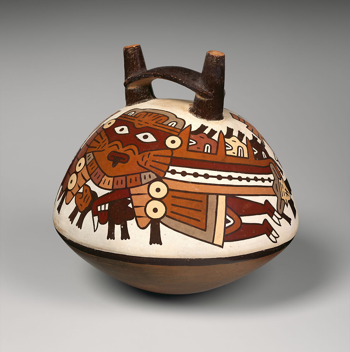 Double-spout bottle with flying figure, Nasca artist(s), Ceramic, slip, Nasca