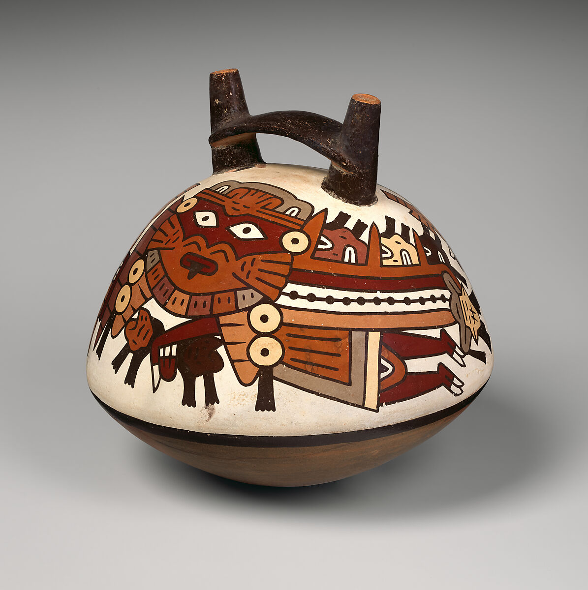 Double-spout bottle with flying figure, Nasca artist(s), Ceramic, slip, Nasca