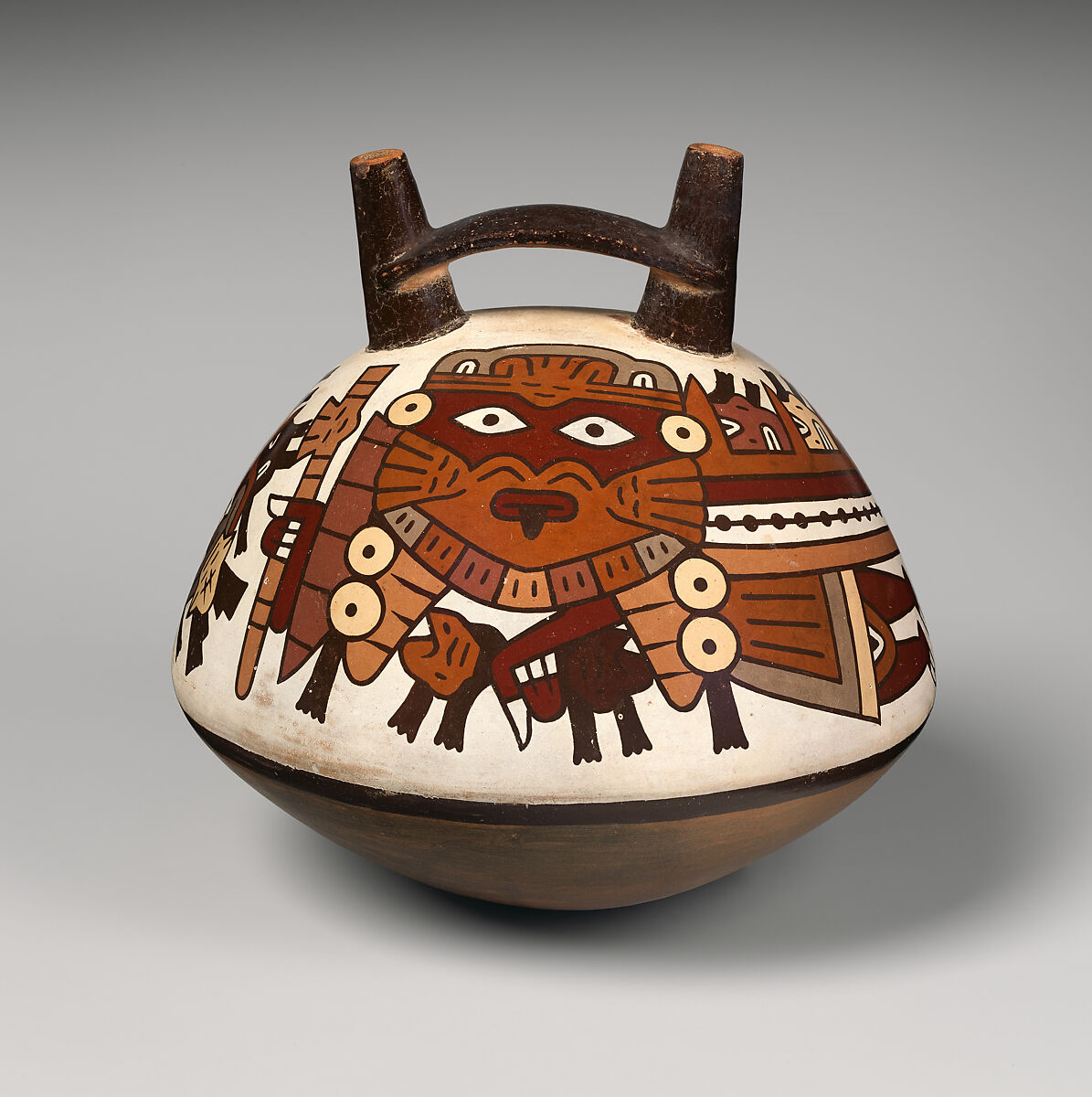 Double-spout bottle with flying figure, Nasca artist(s), Ceramic, slip, Nasca