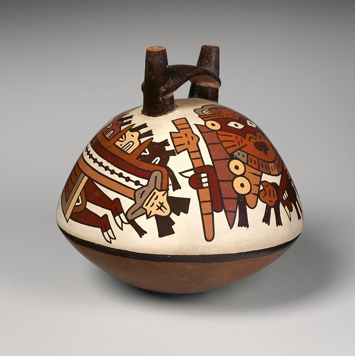 Double-spout bottle with flying figure, Nasca artist(s), Ceramic, slip, Nasca
