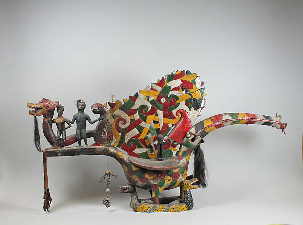 Hornbill Figure (Kenyalang), Wood, paint, hair, glass beads, fiber, cloth, plastic, feathers, Iban people 