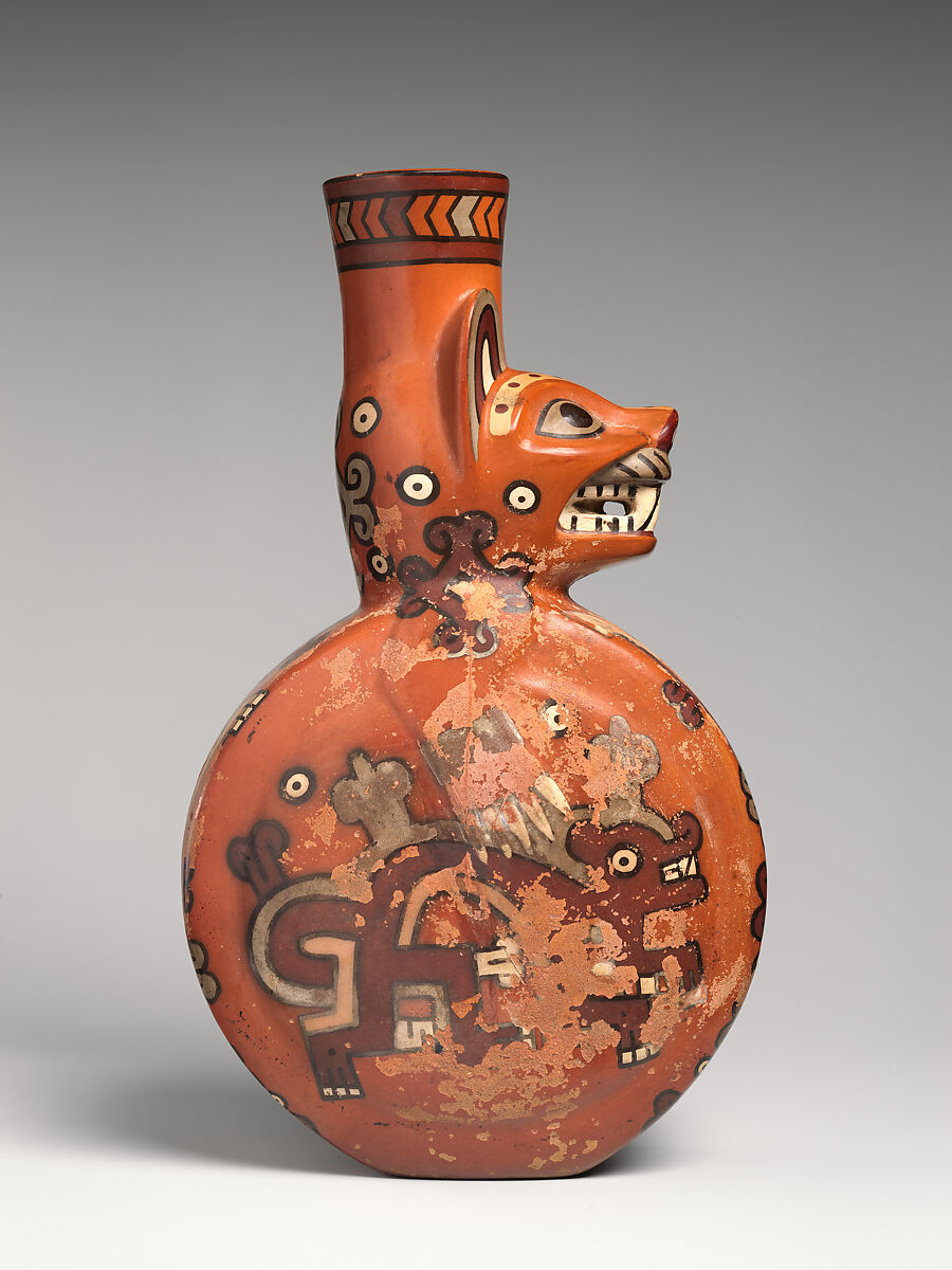 Bottle in the shape of a feline, Wari artist(s), Ceramic, slip, Wari