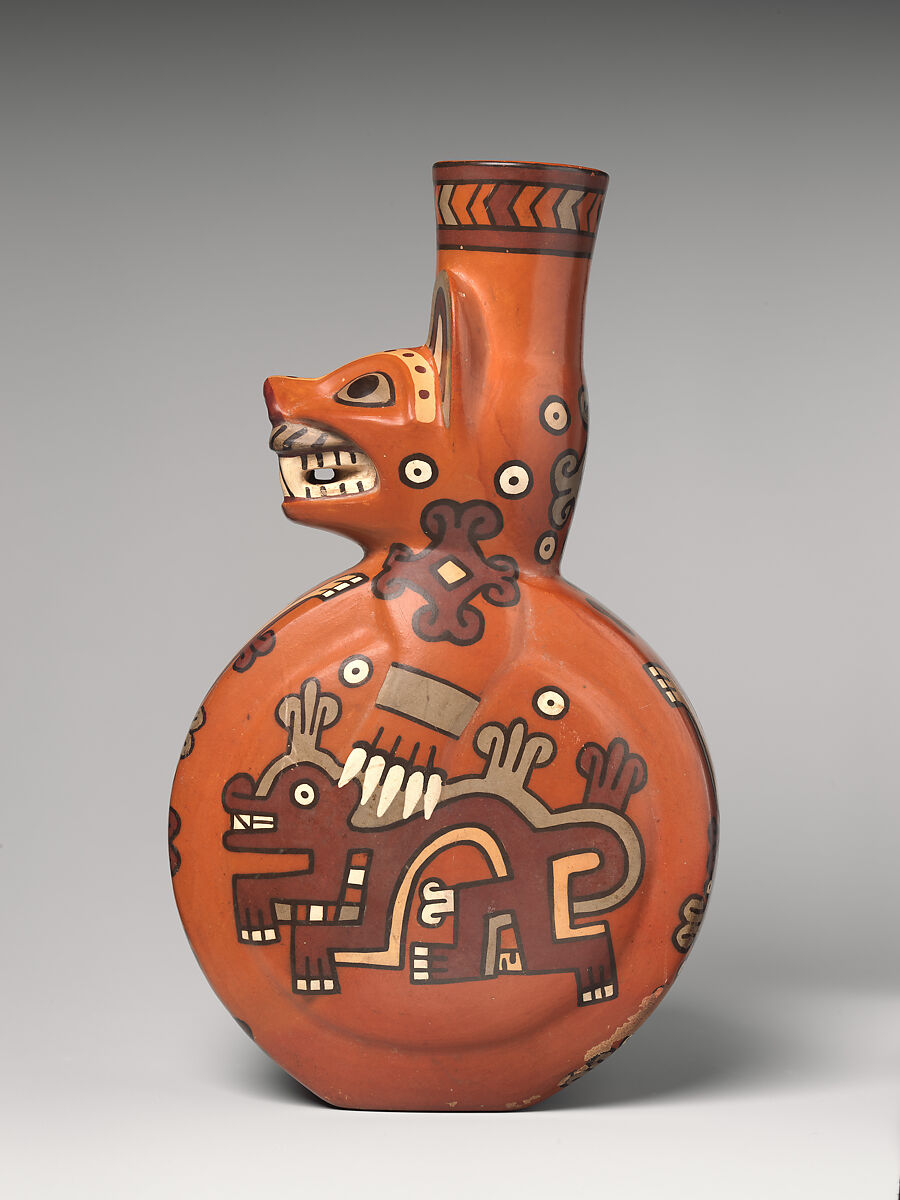 Bottle in the shape of a feline, Wari artist(s), Ceramic, slip, Wari