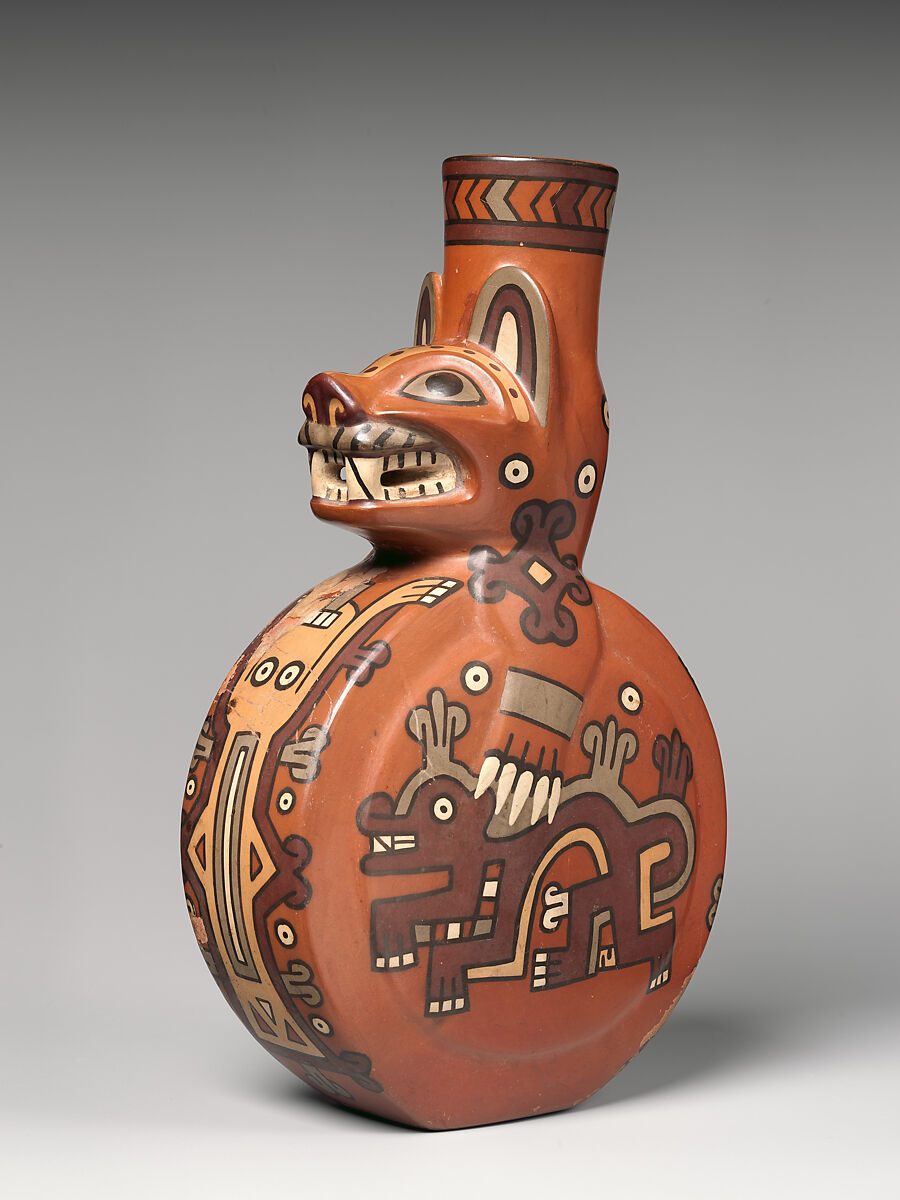 Bottle in the shape of a feline, Wari artist(s), Ceramic, slip, Wari 