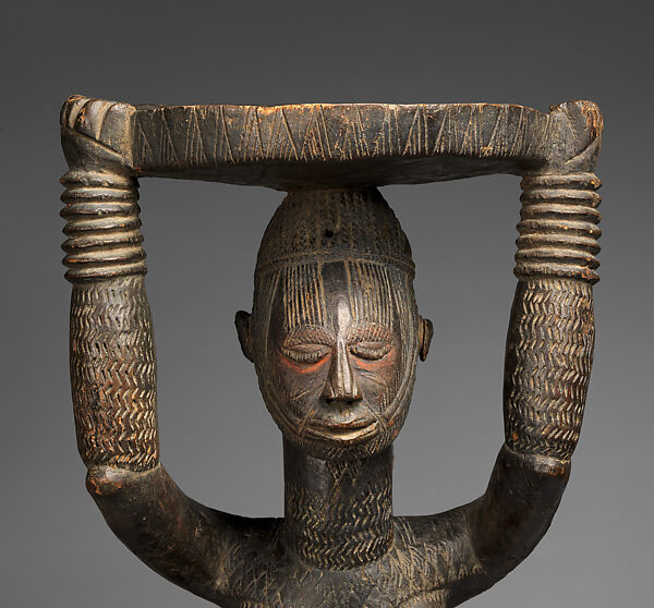 Maternity figure with raised tray, Lower Benue River artist, Wood, pigment, Lower Benue Valley peoples