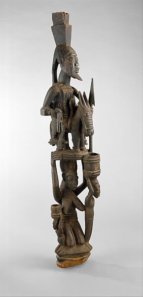 Veranda Post: Equestrian Figure and Female Caryatid, Olowe of Ise (Nigerian, born  Efon-Alaiye, ca. 1873–1938), Wood, pigment 