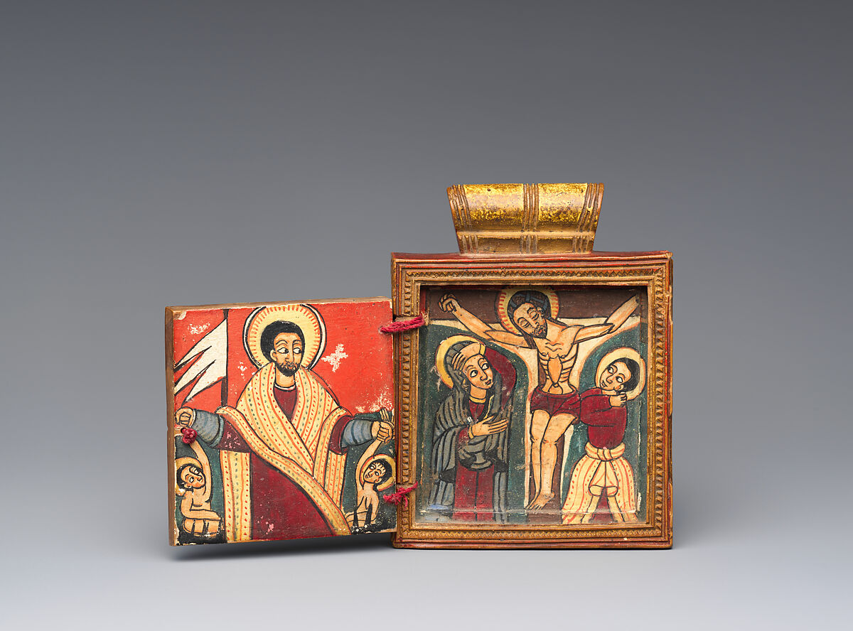 Double Diptych Icon Pendant, Wood, tempera pigment, string, Amhara or Tigrinya peoples
