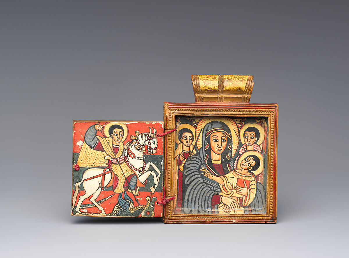 Double Diptych Icon Pendant, Wood, tempera pigment, string, Amhara or Tigrinya peoples