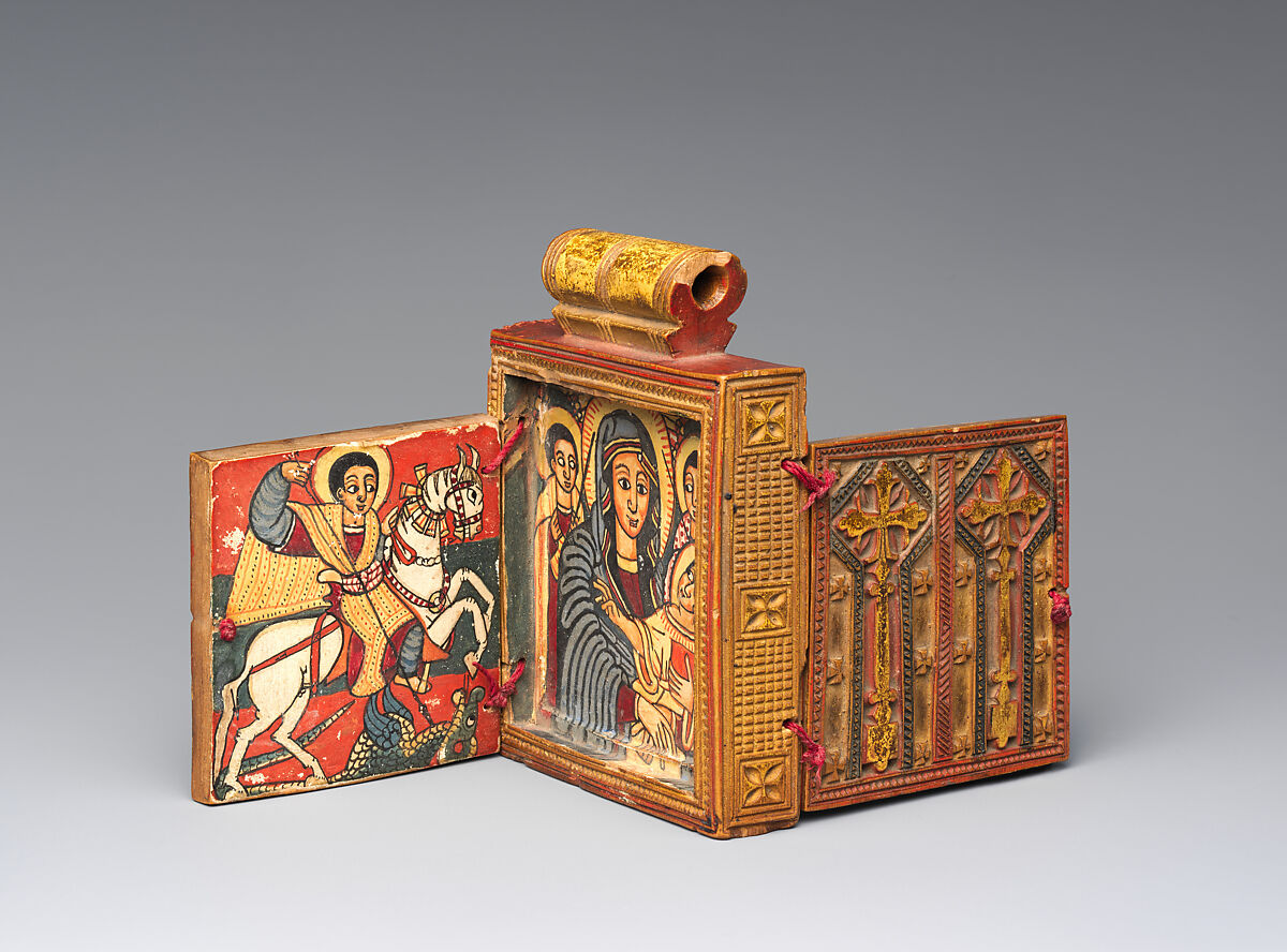 Double Diptych Icon Pendant, Wood, tempera pigment, string, Amhara or Tigrinya peoples
