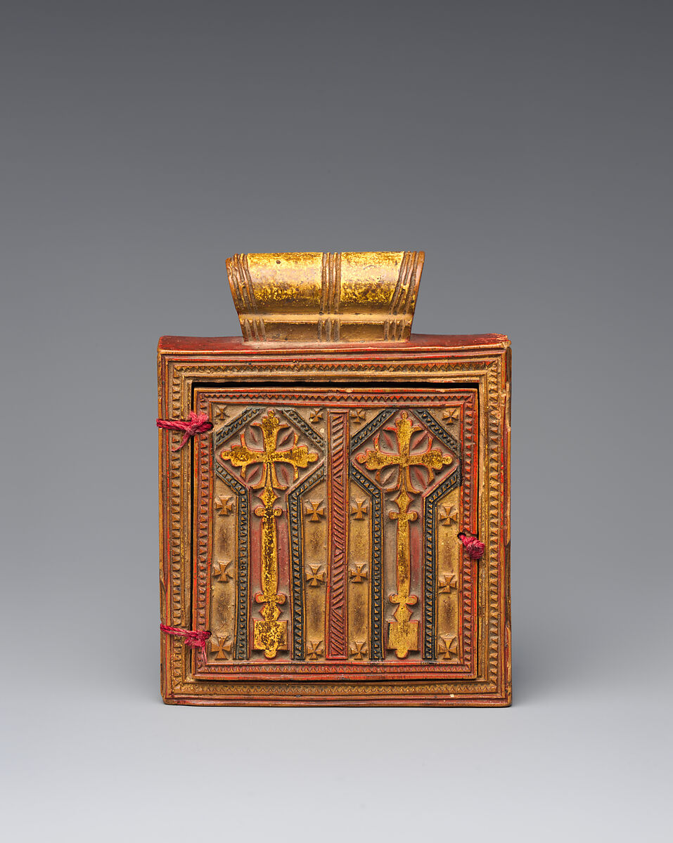 Double Diptych Icon Pendant, Wood, tempera pigment, string, Amhara or Tigrinya peoples