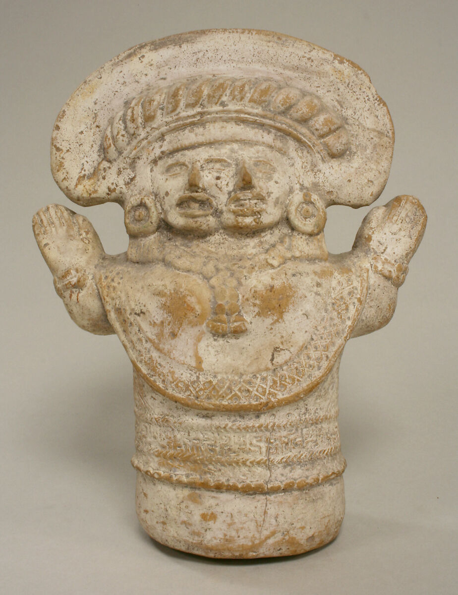 Two-headed figure rattle, Ceramic, pigment, Aztec 