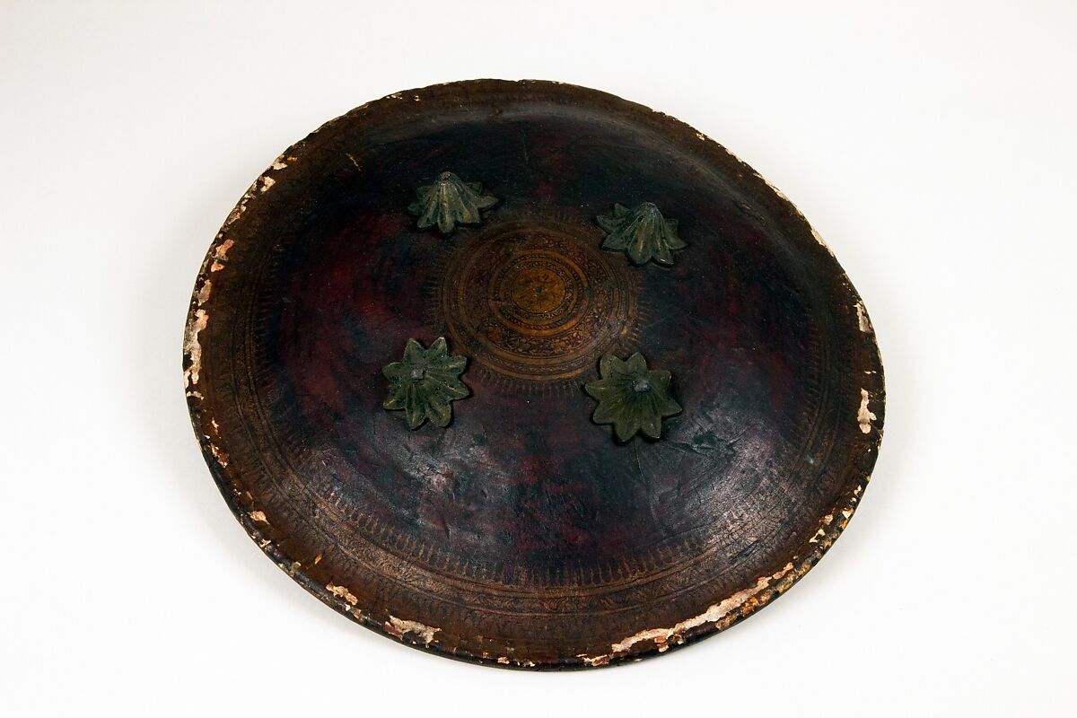 Shield (Dhàl), Hide, copper alloy, leather, lacquer, polychromy, Indian 