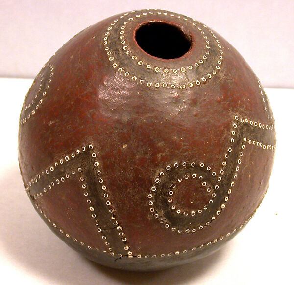 Water Container, Coconut shell, parinarium nut resin, glass beads, paint, Solomon Islander 