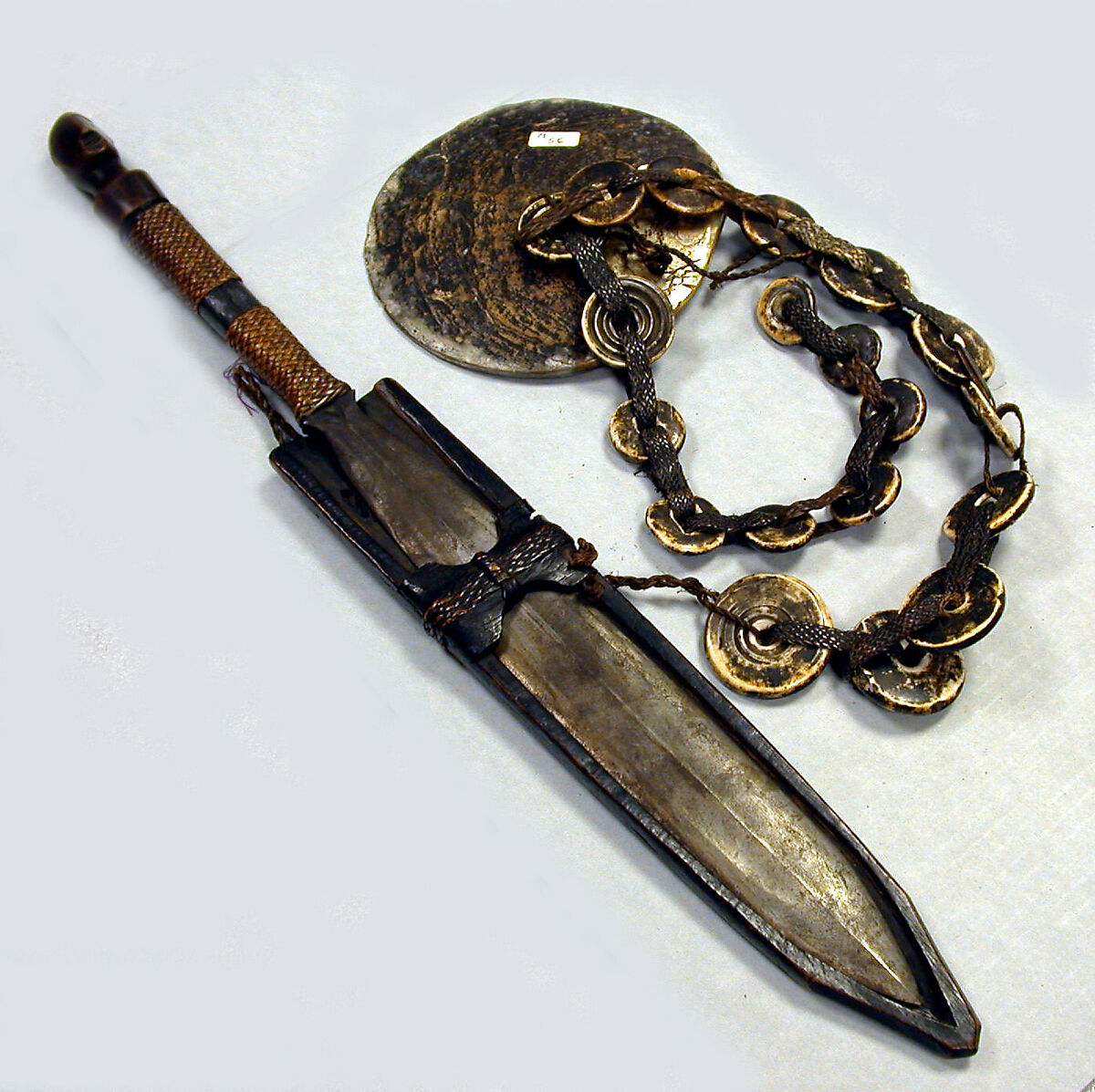 Knife and Scabbard, Wood, iron, pearl shell, conus shell, fiber, Luzon Island 