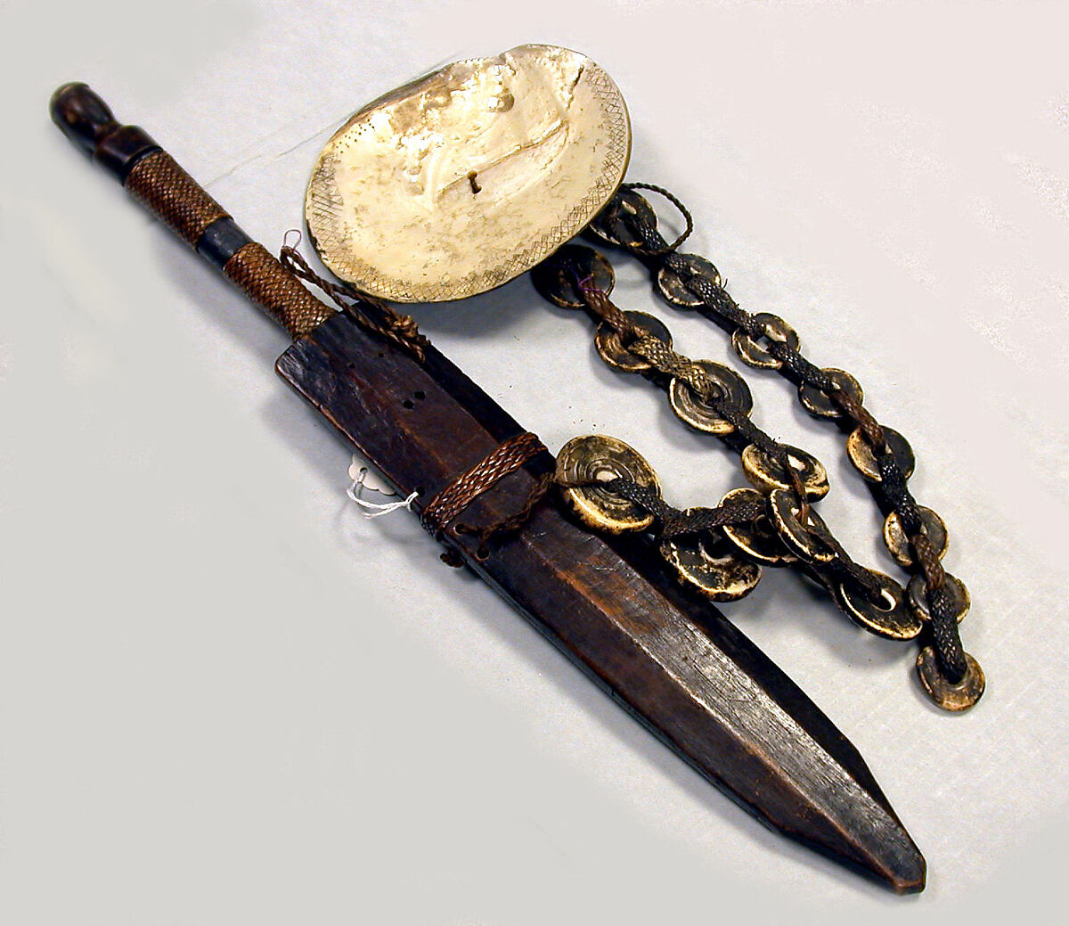 Knife and Scabbard, Wood, iron, pearl shell, conus shell, fiber, Luzon Island