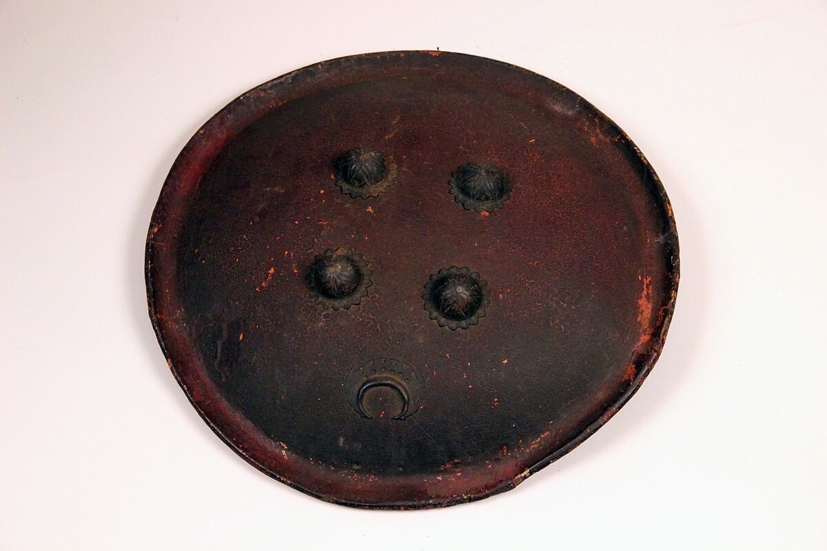Shield (Dhàl), Leather, iron, lacquer, textile (velvet), Indian 