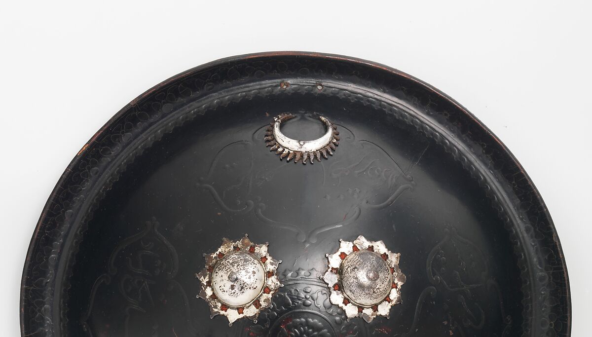 Shield (Dhàl), Leather, lacquer, iron, silver, textile, Indian, Bengal