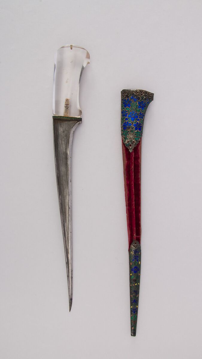 Dagger (Pesh-kabz) with Sheath, Steel, rock crystal, silver, enamel, velvet, wood, Indian, Mughal