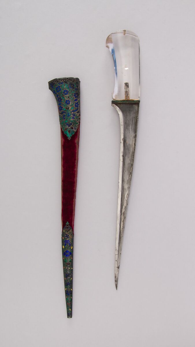 Dagger (Pesh-kabz) with Sheath, Steel, rock crystal, silver, enamel, velvet, wood, Indian, Mughal 