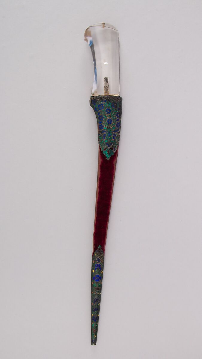 Dagger (Pesh-kabz) with Sheath, Steel, rock crystal, silver, enamel, velvet, wood, Indian, Mughal