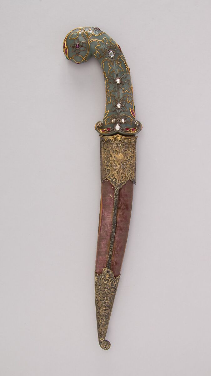 Dagger (Khanjar) with Sheath, Steel, jade, gold, ruby, emerald, diamond, silver, pearl, wood, velvet, hilt, Indian, Mughal; sheath, Indian, Kutch