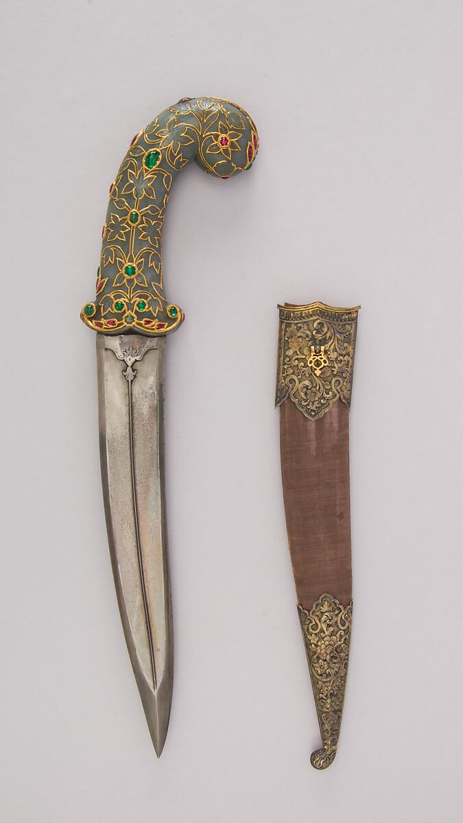 Dagger (Khanjar) with Sheath, Steel, jade, gold, ruby, emerald, diamond, silver, pearl, wood, velvet, hilt, Indian, Mughal; sheath, Indian, Kutch 