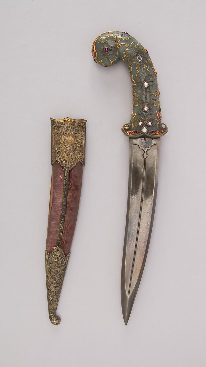 Dagger (Khanjar) with Sheath, Steel, jade, gold, ruby, emerald, diamond, silver, pearl, wood, velvet, hilt, Indian, Mughal; sheath, Indian, Kutch