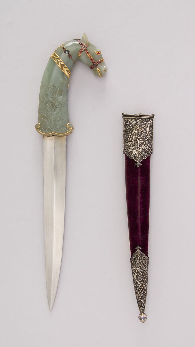 Dagger with Sheath, Steel, gold, jade, beryl, ruby, emerald, topaz, silver, pearl, wood, velvet, hilt, Indian, Mughal; sheath, Indian