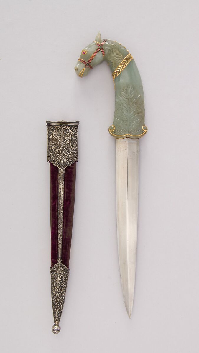 Dagger with Sheath, Steel, gold, jade, beryl, ruby, emerald, topaz, silver, pearl, wood, velvet, hilt, Indian, Mughal; sheath, Indian 