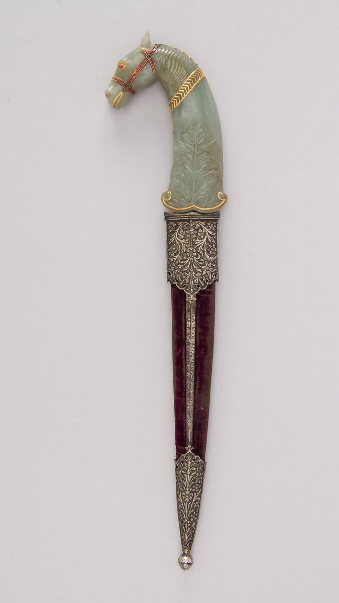 Dagger with Sheath, Steel, gold, jade, beryl, ruby, emerald, topaz, silver, pearl, wood, velvet, hilt, Indian, Mughal; sheath, Indian