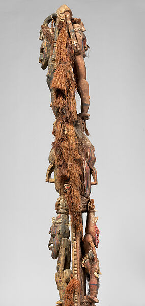 House Post, Wood, fiber, shell, paint, feathers, plastic, metal, Lower Ramu River region