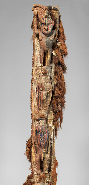 House Post, Wood, fiber, shell, paint, feathers, plastic, metal, Lower Ramu River region