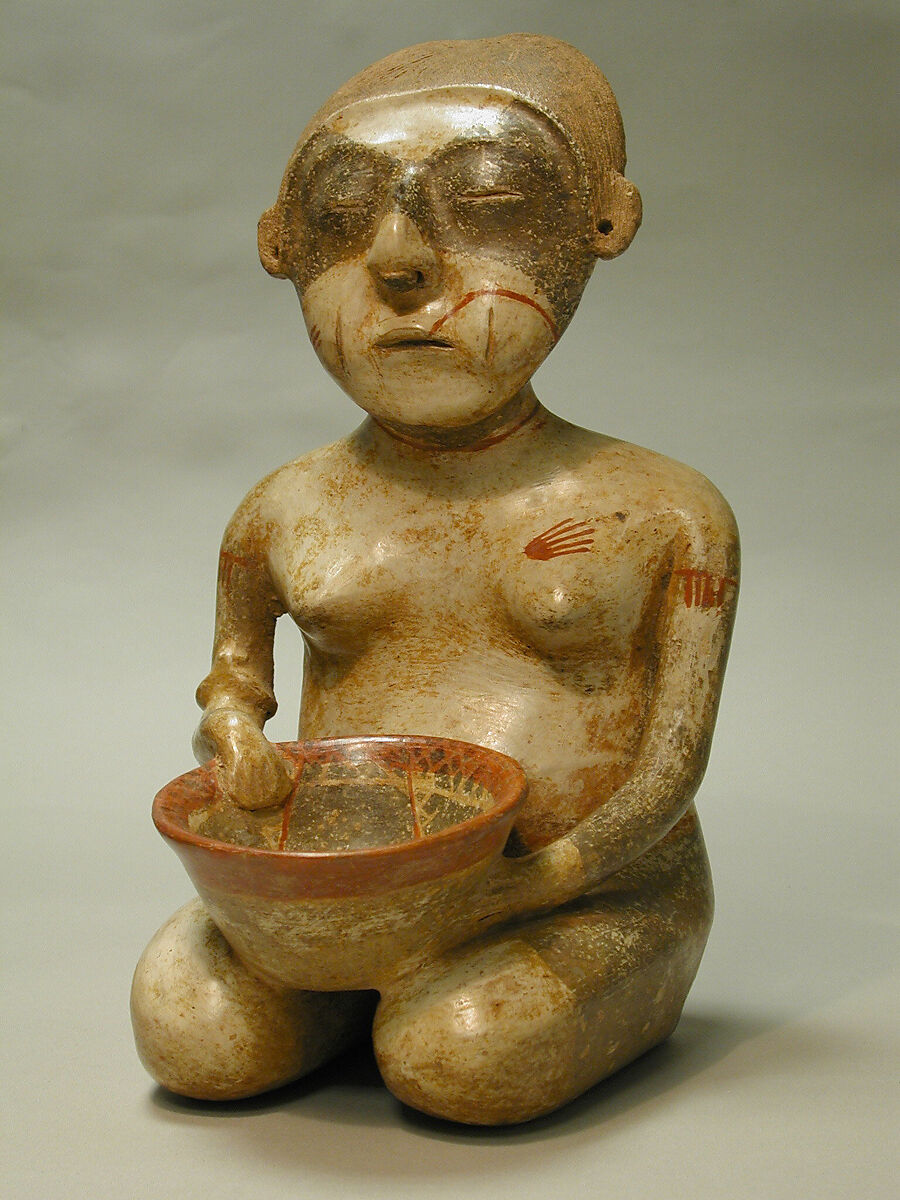 Kneeling female figure, Lagunillas artist(s), Ceramic, slip, Nayarit