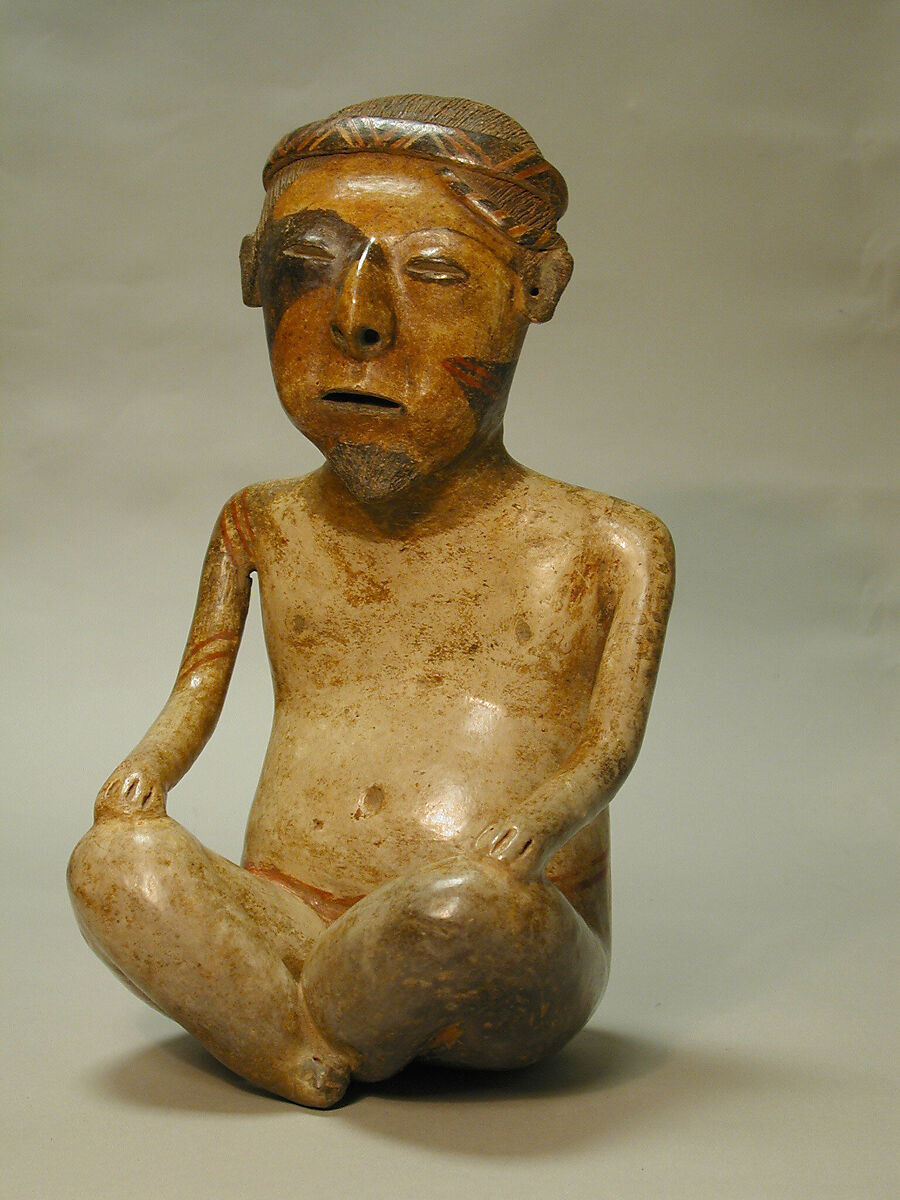 Seated male figure, Lagunillas artist(s), Ceramic, slip, Nayarit