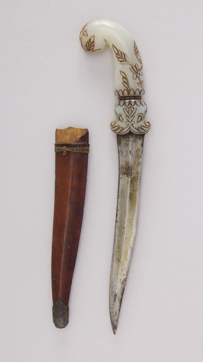 Dagger (Khanjar) with Sheath, Steel, jade, wood, leather, Indian 