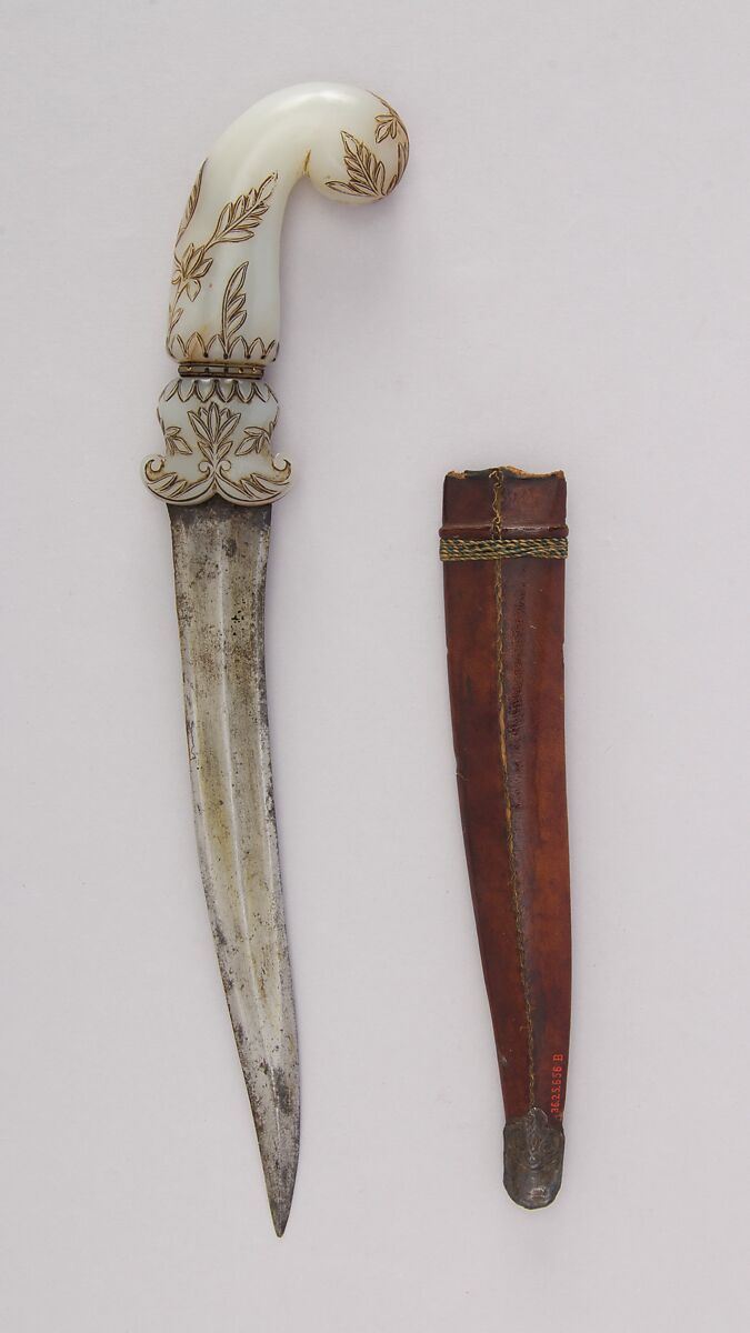 Dagger (Khanjar) with Sheath, Steel, jade, wood, leather, Indian