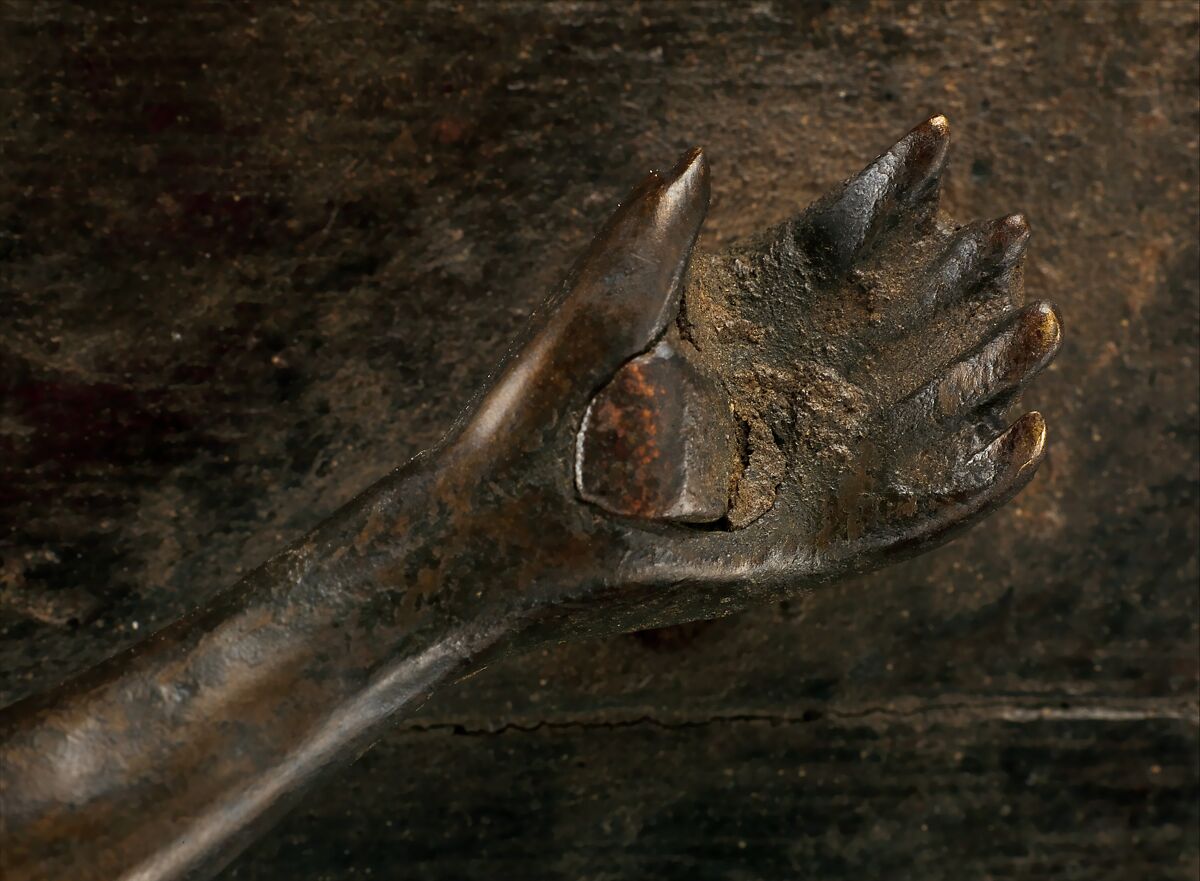 Crucifix, Solid cast brass (Christ), solid cast copper alloy (halo); hollow cast bronze (three end pieces), brass sheet (one end piece), solid cast copper alloy (Mary); forged copper and brass (nails), wood, Kongo peoples; Kongo Kingdom