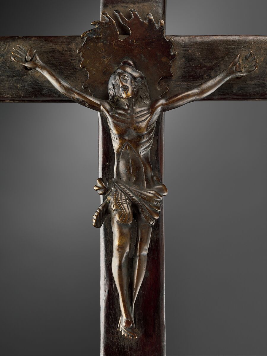 Crucifix, Solid cast brass (Christ), solid cast copper alloy (halo); hollow cast bronze (three end pieces), brass sheet (one end piece), solid cast copper alloy (Mary); forged copper and brass (nails), wood, Kongo peoples; Kongo Kingdom