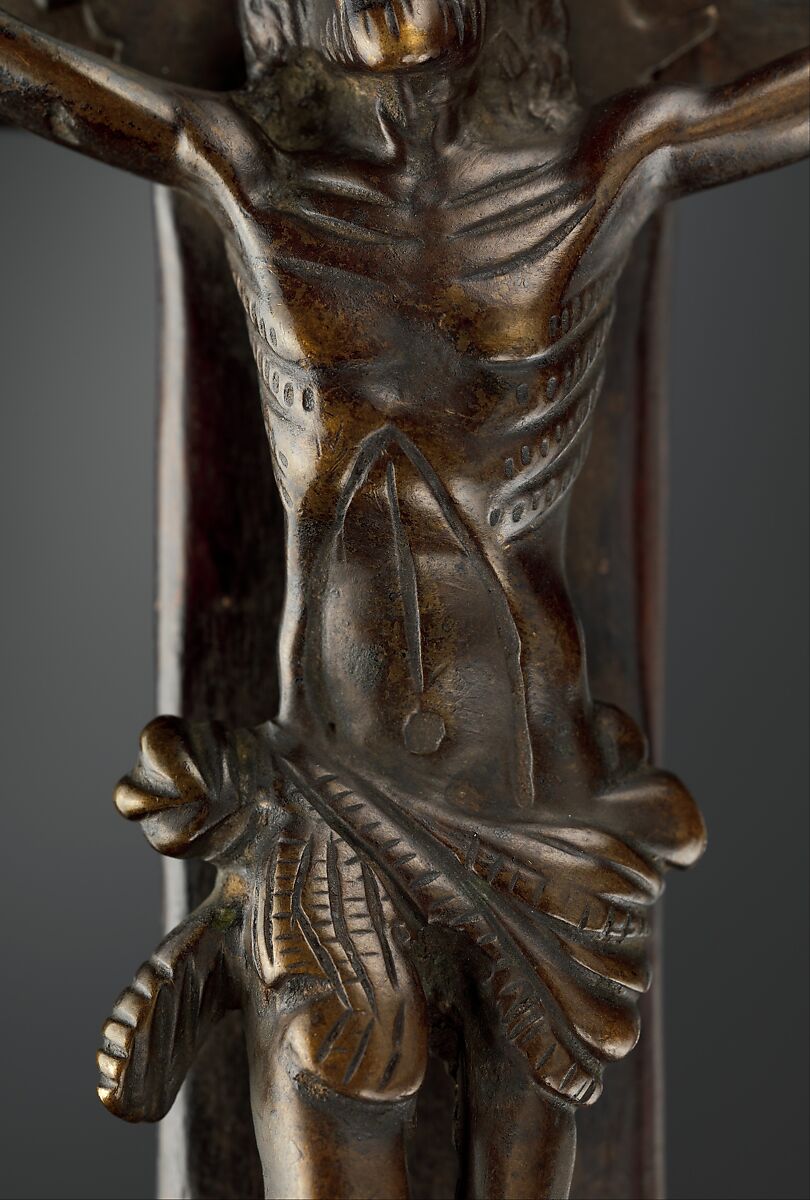 Crucifix, Solid cast brass (Christ), solid cast copper alloy (halo); hollow cast bronze (three end pieces), brass sheet (one end piece), solid cast copper alloy (Mary); forged copper and brass (nails), wood, Kongo peoples; Kongo Kingdom