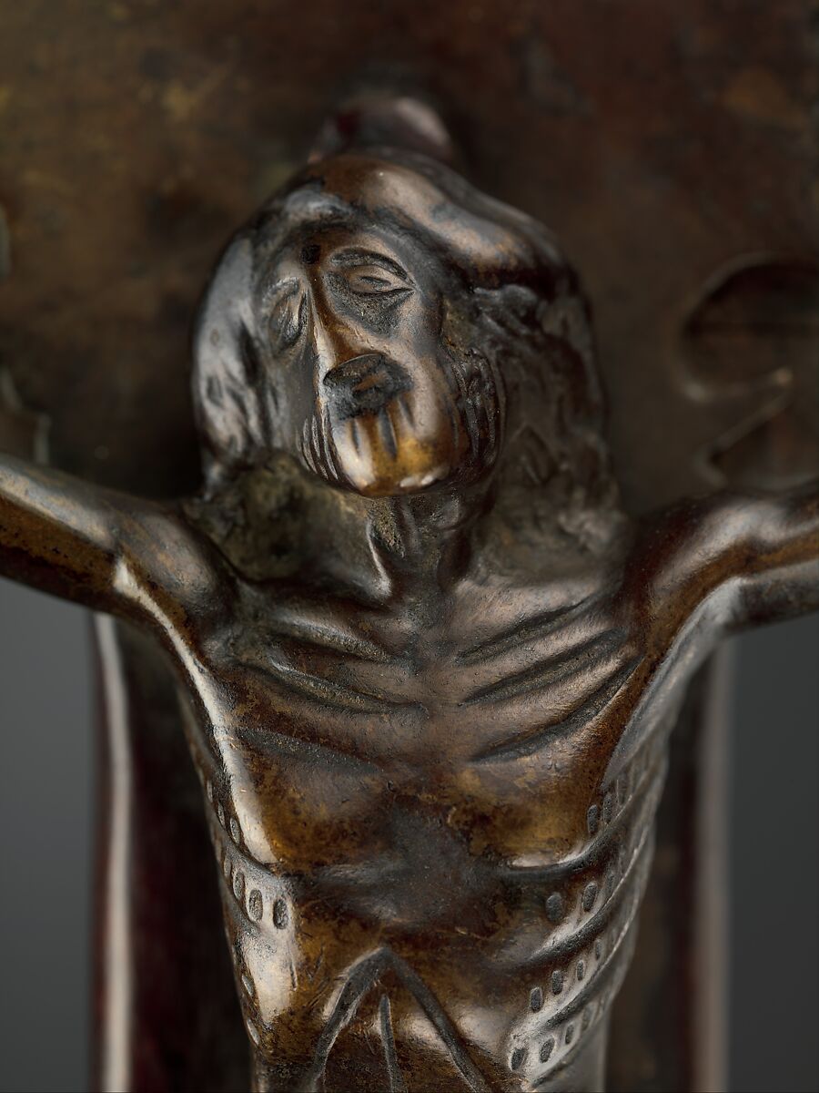 Crucifix, Solid cast brass (Christ), solid cast copper alloy (halo); hollow cast bronze (three end pieces), brass sheet (one end piece), solid cast copper alloy (Mary); forged copper and brass (nails), wood, Kongo peoples; Kongo Kingdom