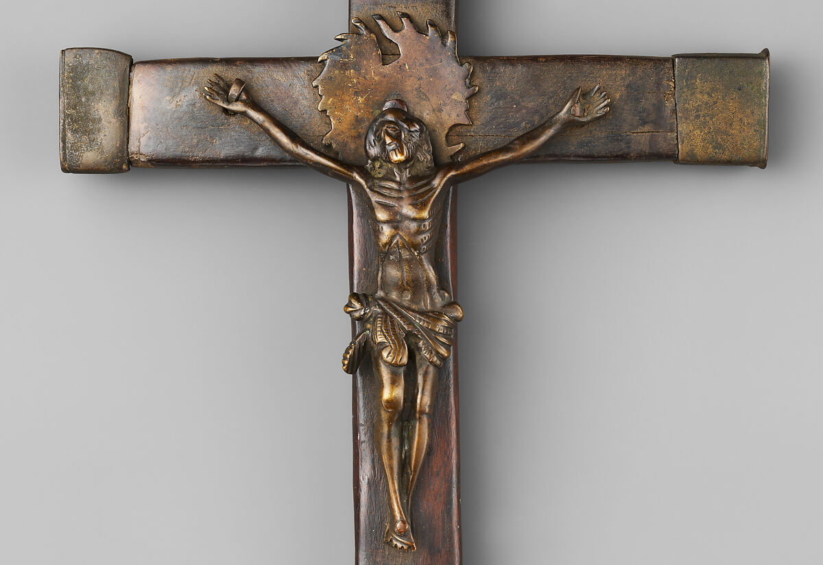 Crucifix, Solid cast brass (Christ), solid cast copper alloy (halo); hollow cast bronze (three end pieces), brass sheet (one end piece), solid cast copper alloy (Mary); forged copper and brass (nails), wood, Kongo peoples; Kongo Kingdom